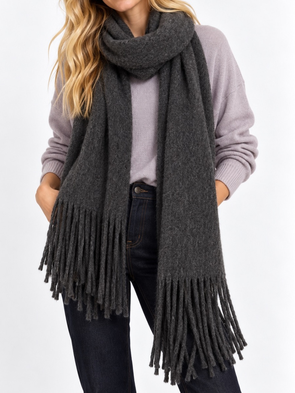 Anthropologie Charcoal Gray Oversized luxurious Fringe Scarf